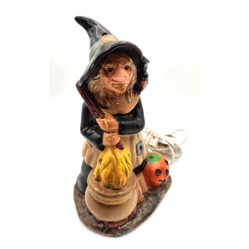 Halloween Witch Stirring Cauldron Ceramic Light Up Garden Ridge Pottery Vintage
